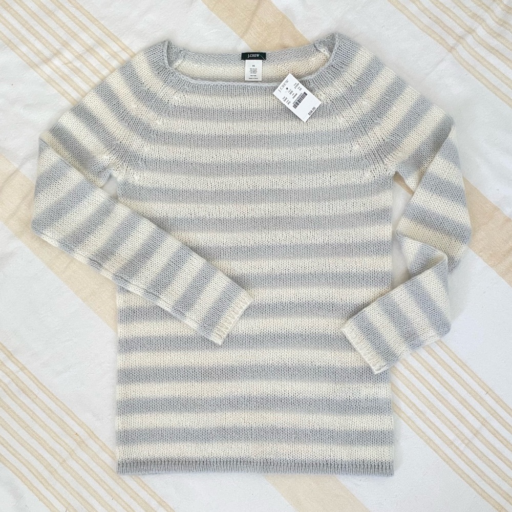J.Crew NWT 🩶 Soft Cozy Mohair-Blend Loose-knit Sweater Grey/White Stripe SZ XS - Picture 6 of 16